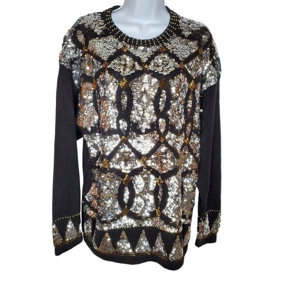 Vintage Sequin Beaded Bling Sweater Black Silver Gold Western Connection L - Picture 1 of 5